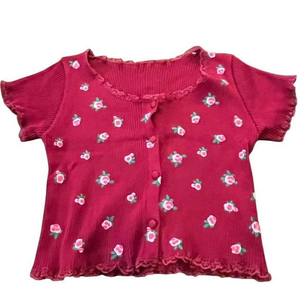 A38-Red flower print baby-t with ruffled details #y2kfashion #floral - Picture 1 of 5